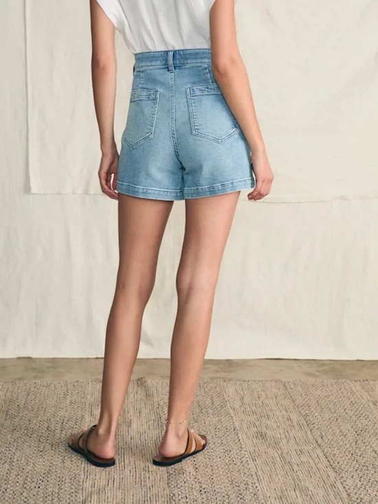 Faherty Pants - FAHERTY Stretch Terry Patch Pocket Light Blue High-Rise Denim Shorts